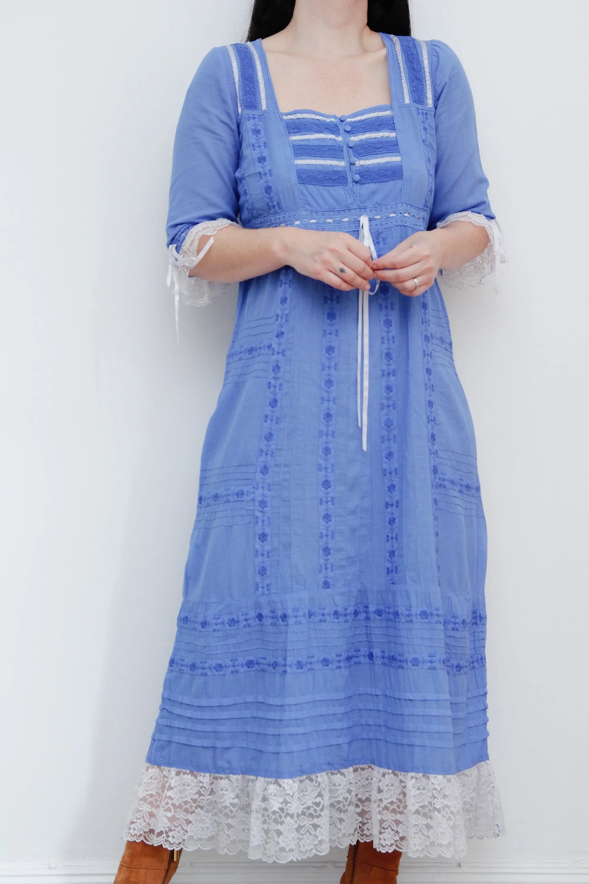 1970's Floral Embroidery Mexican Cotton Lace Prairie Maxi Dress