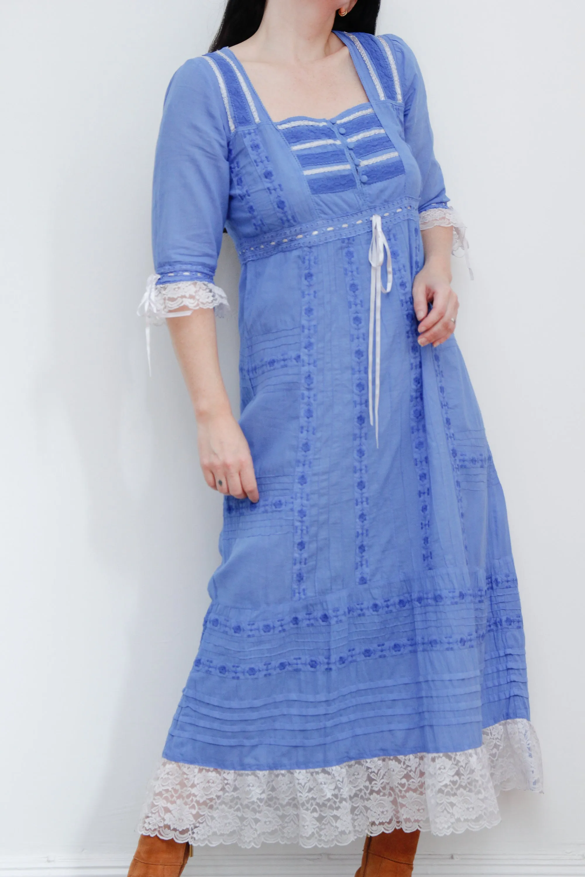 1970's Floral Embroidery Mexican Cotton Lace Prairie Maxi Dress