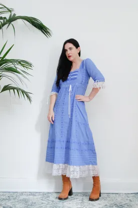 1970's Floral Embroidery Mexican Cotton Lace Prairie Maxi Dress