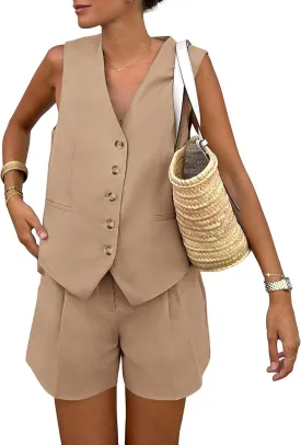 2 Piece Outfits for Women Summer Bussiness Linen Sets Sleeveless V Neck Vest Button Waistcoat and Pockets Shorts