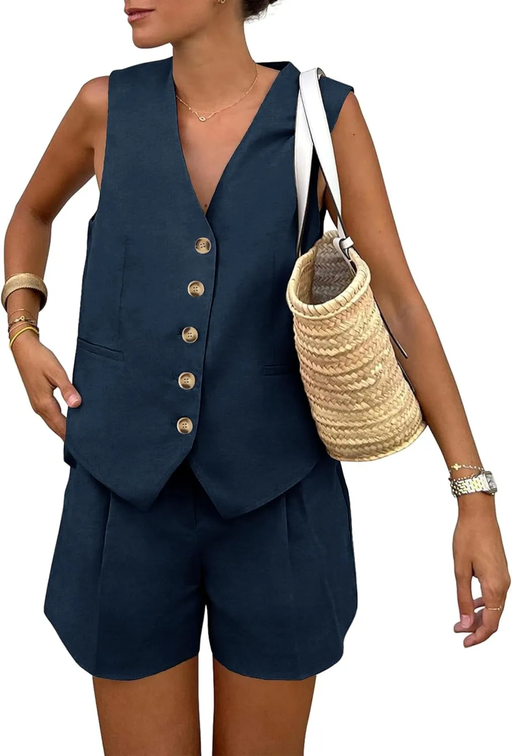 2 Piece Outfits for Women Summer Bussiness Linen Sets Sleeveless V Neck Vest Button Waistcoat and Pockets Shorts