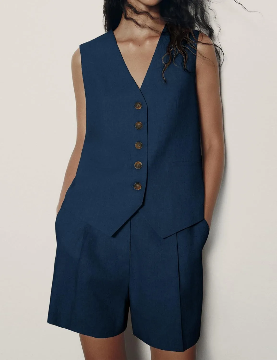 2 Piece Outfits for Women Summer Bussiness Linen Sets Sleeveless V Neck Vest Button Waistcoat and Pockets Shorts