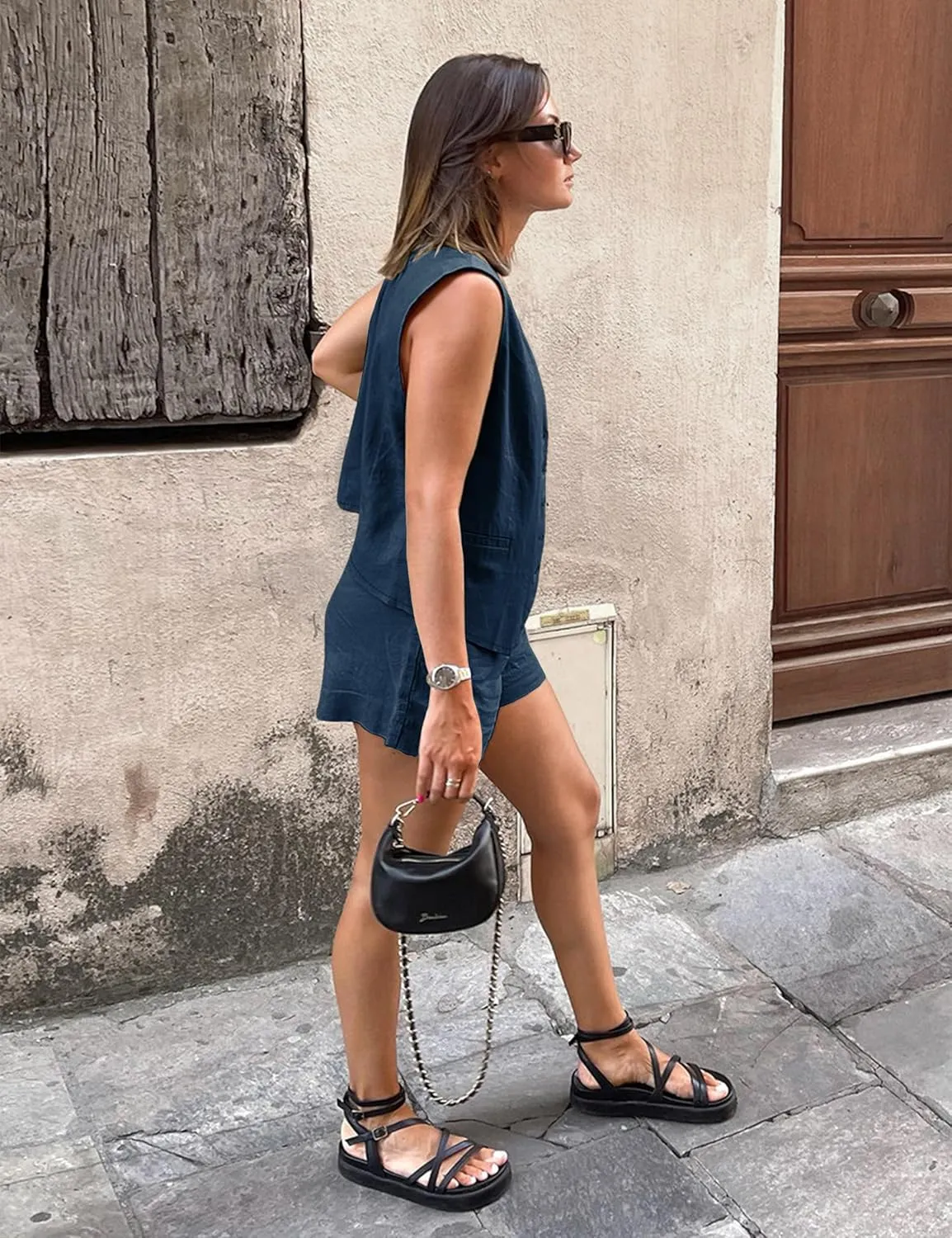 2 Piece Outfits for Women Summer Bussiness Linen Sets Sleeveless V Neck Vest Button Waistcoat and Pockets Shorts