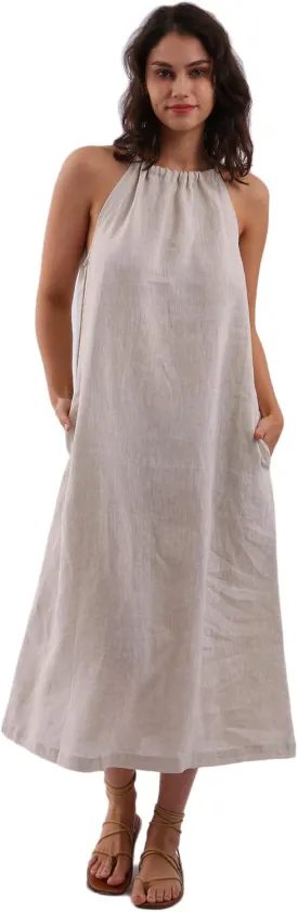 Amazhiyu Womens Linen Halter Sleeveless Maxi Dress Tie Back with Belt and Pockets