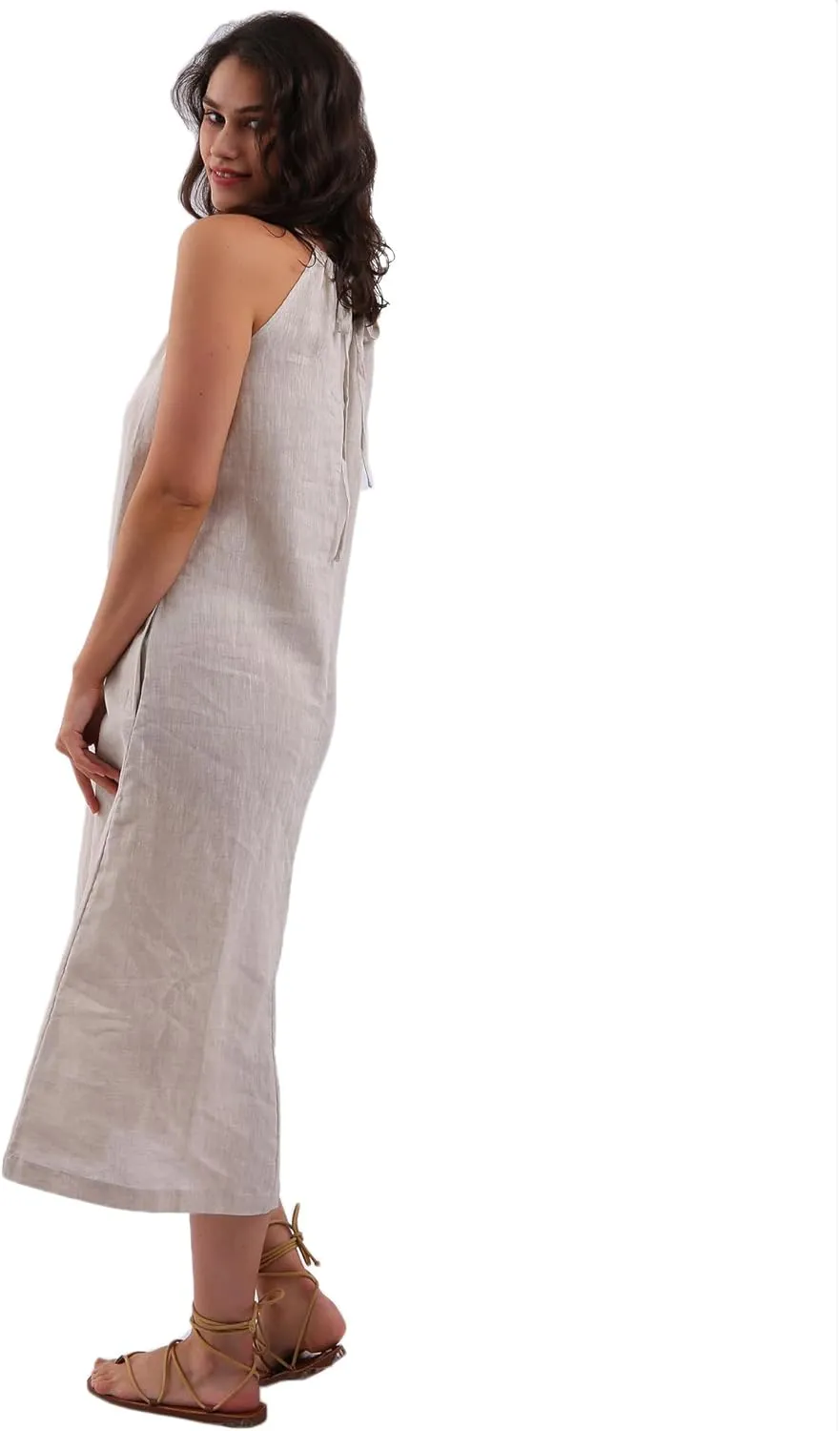 Amazhiyu Womens Linen Halter Sleeveless Maxi Dress Tie Back with Belt and Pockets