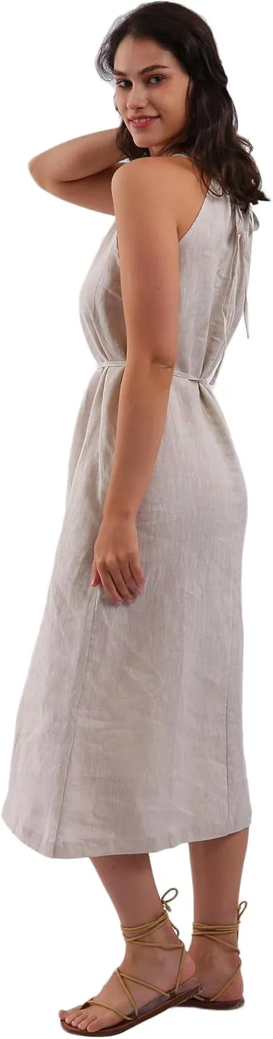 Amazhiyu Womens Linen Halter Sleeveless Maxi Dress Tie Back with Belt and Pockets