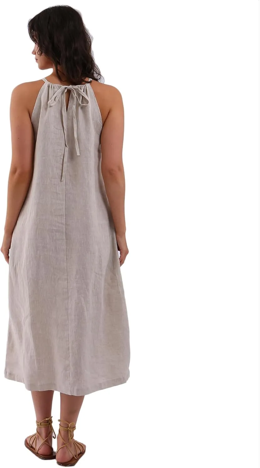 Amazhiyu Womens Linen Halter Sleeveless Maxi Dress Tie Back with Belt and Pockets