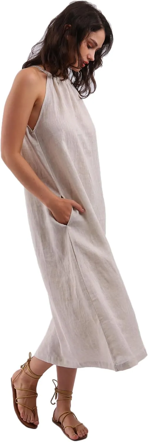 Amazhiyu Womens Linen Halter Sleeveless Maxi Dress Tie Back with Belt and Pockets