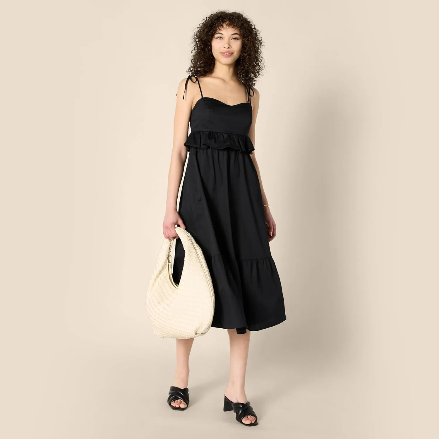 Amazon Essentials Women's Fit and Flare Cotton Sateen Empire Waist Midi Ruffle Dress
