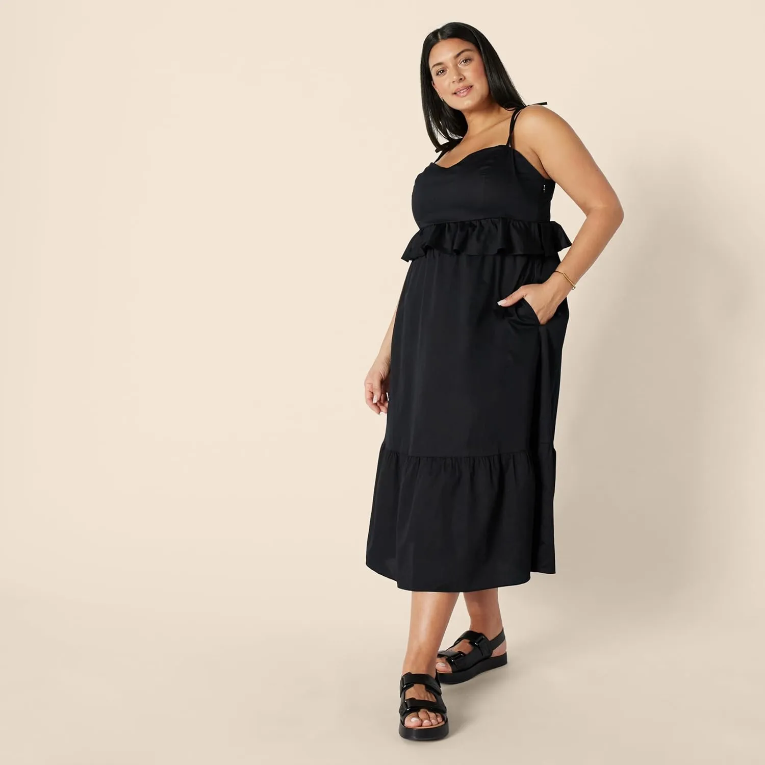 Amazon Essentials Women's Fit and Flare Cotton Sateen Empire Waist Midi Ruffle Dress