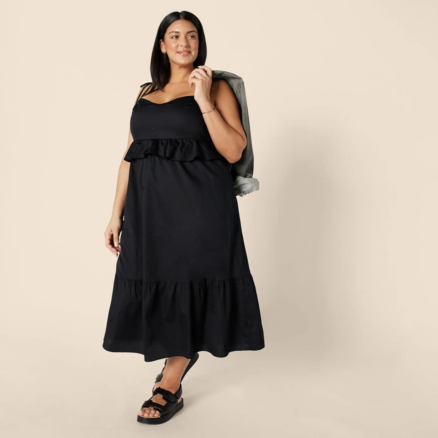 Amazon Essentials Women's Fit and Flare Cotton Sateen Empire Waist Midi Ruffle Dress