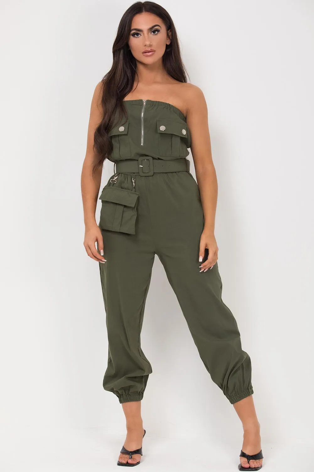 Bardot Cargo Utility Belted Jumpsuit Khaki