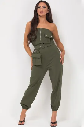 Bardot Cargo Utility Belted Jumpsuit Khaki