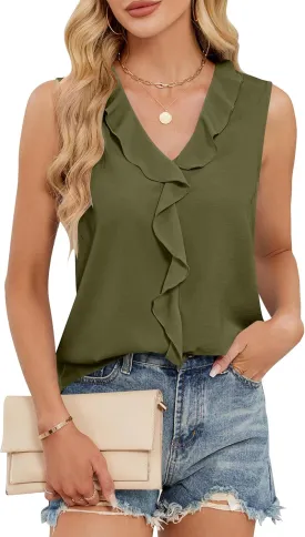 Blooming Jelly Womens Summer Tank Tops V Neck Ruffle Sleeveless Business Casual Outfit Ladies Trendy Work Dressy Blouse