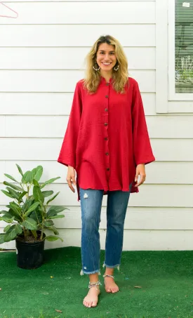 Dark Red Soft Double Gauze Cotton Shirtdress with Pockets
