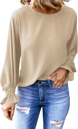 Dokotoo Long Sleeve Shirts for Women 2024 Fashion Fall Ruffle Bubble Sleeve Casual Loose Tops and Blouses