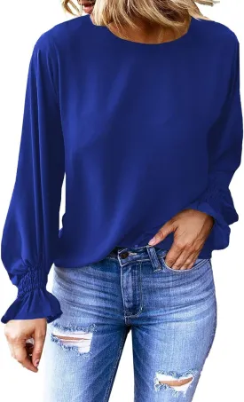 Dokotoo Long Sleeve Shirts for Women 2024 Fashion Fall Ruffle Bubble Sleeve Casual Loose Tops and Blouses