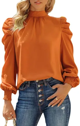 Dokotoo Womens 2024 Long Sleeve High Neck Puff Long Sleeve Casual Loose Shirts Tops and Blouses