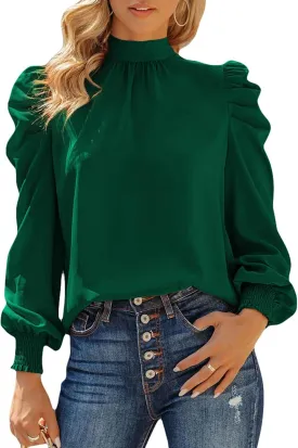 Dokotoo Womens 2024 Long Sleeve High Neck Puff Long Sleeve Casual Loose Shirts Tops and Blouses
