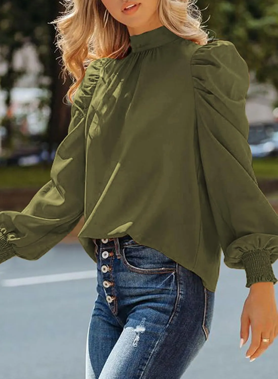 Dokotoo Womens 2024 Long Sleeve High Neck Puff Long Sleeve Casual Loose Shirts Tops and Blouses