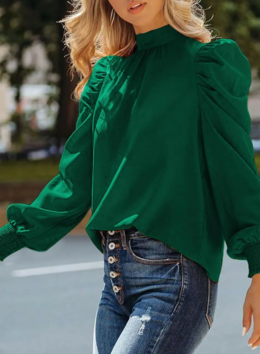 Dokotoo Womens 2024 Long Sleeve High Neck Puff Long Sleeve Casual Loose Shirts Tops and Blouses