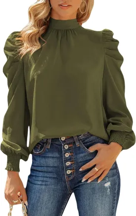 Dokotoo Womens 2024 Long Sleeve High Neck Puff Long Sleeve Casual Loose Shirts Tops and Blouses