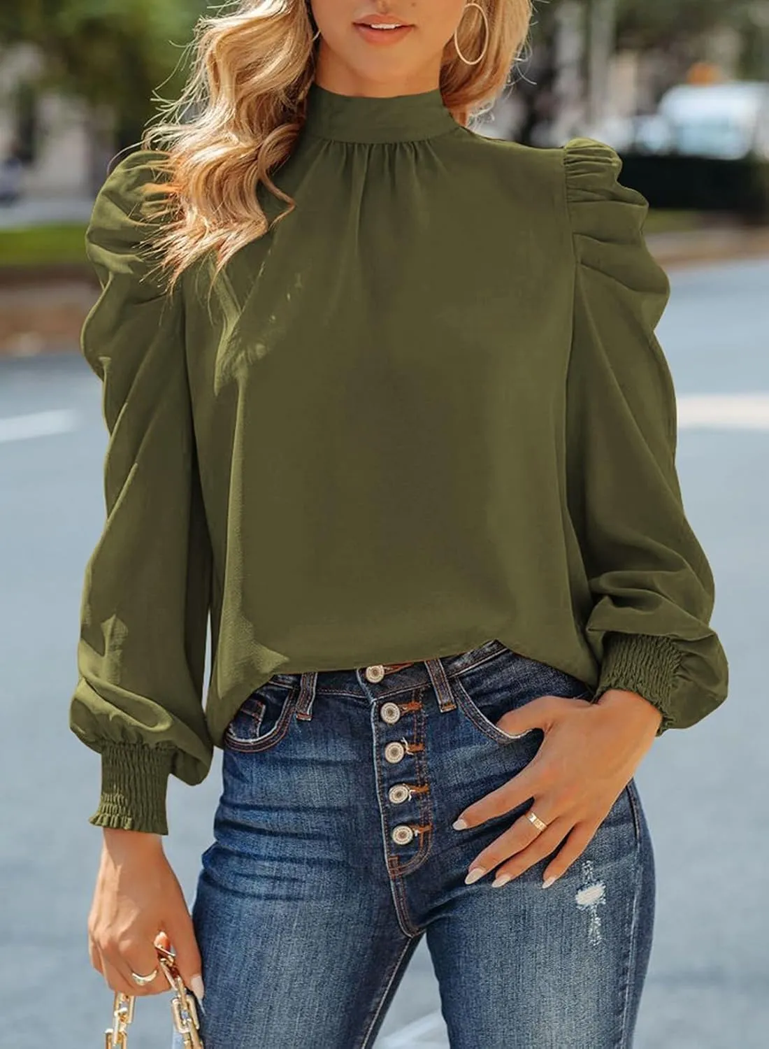 Dokotoo Womens 2024 Long Sleeve High Neck Puff Long Sleeve Casual Loose Shirts Tops and Blouses