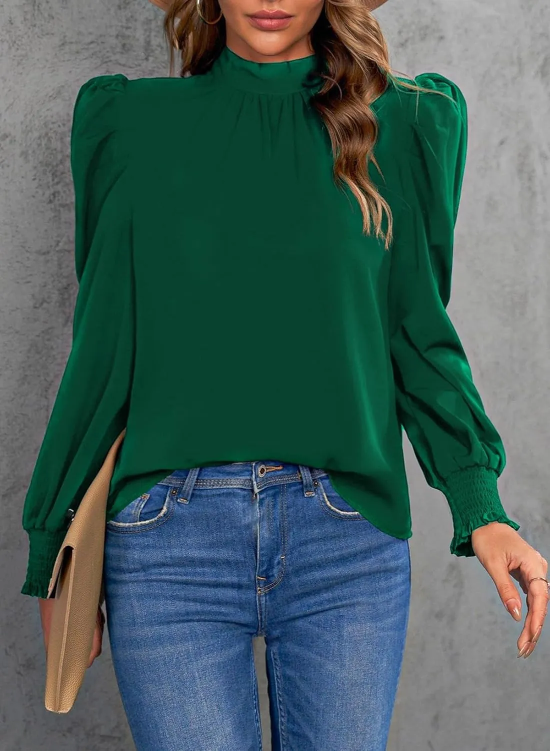 Dokotoo Womens 2024 Long Sleeve High Neck Puff Long Sleeve Casual Loose Shirts Tops and Blouses