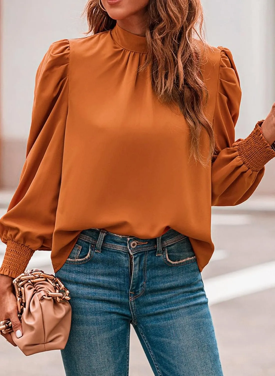 Dokotoo Womens 2024 Long Sleeve High Neck Puff Long Sleeve Casual Loose Shirts Tops and Blouses