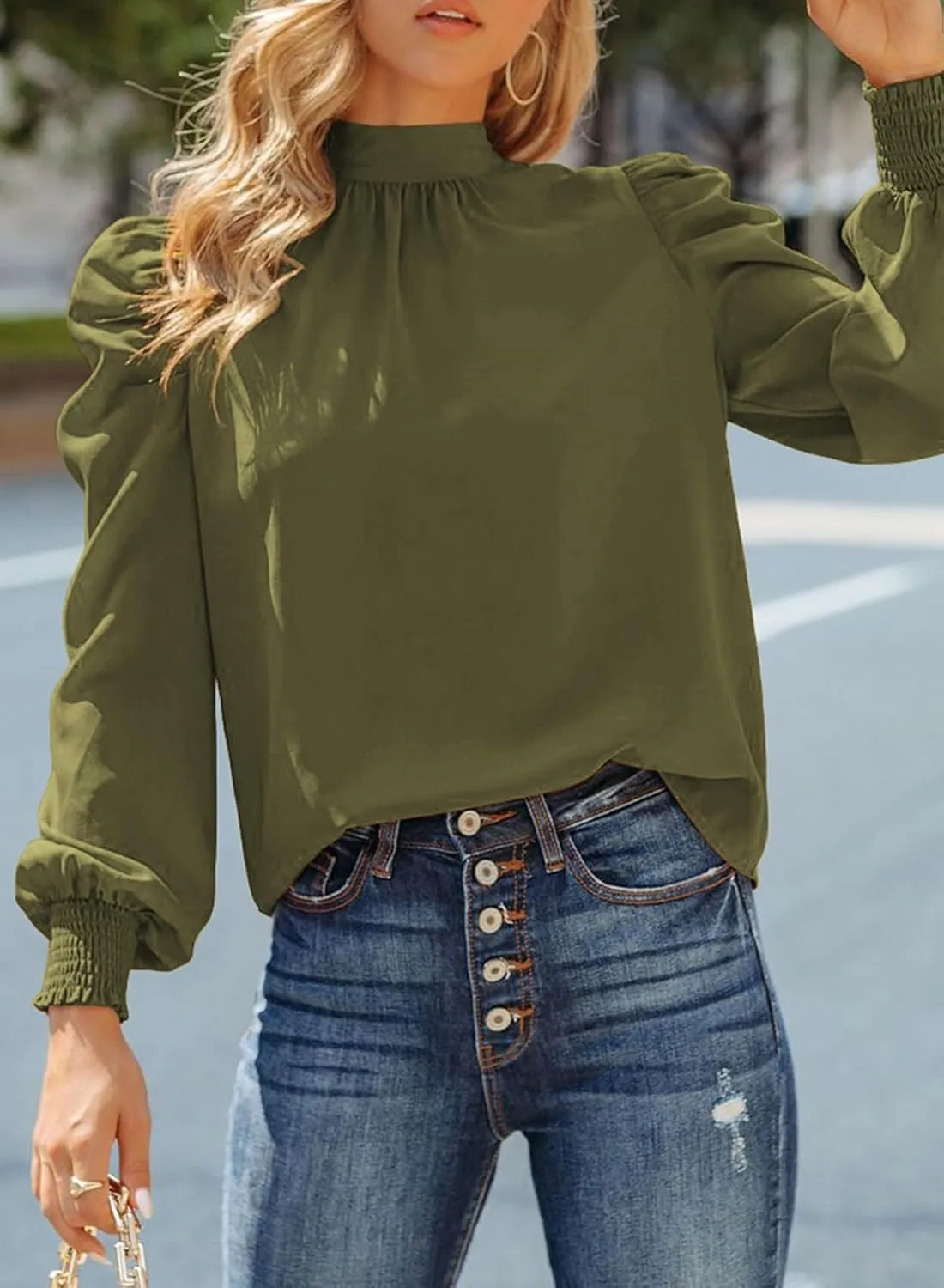 Dokotoo Womens 2024 Long Sleeve High Neck Puff Long Sleeve Casual Loose Shirts Tops and Blouses