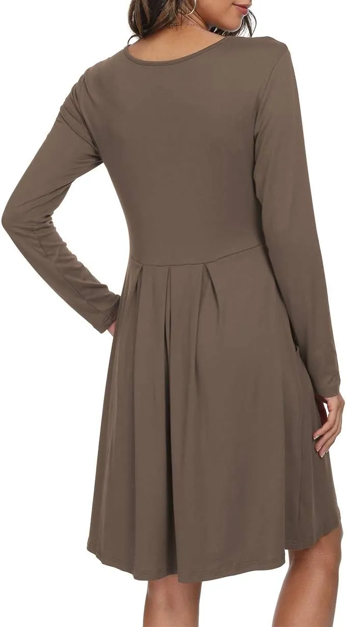 DouBCQ Women's Casual Long Sleeve Flowy Pleated Fall Dresses with Pockets