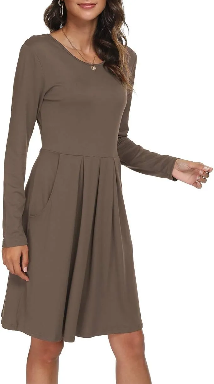 DouBCQ Women's Casual Long Sleeve Flowy Pleated Fall Dresses with Pockets