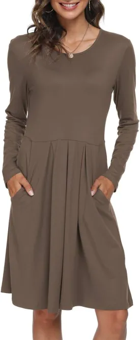 DouBCQ Women's Casual Long Sleeve Flowy Pleated Fall Dresses with Pockets