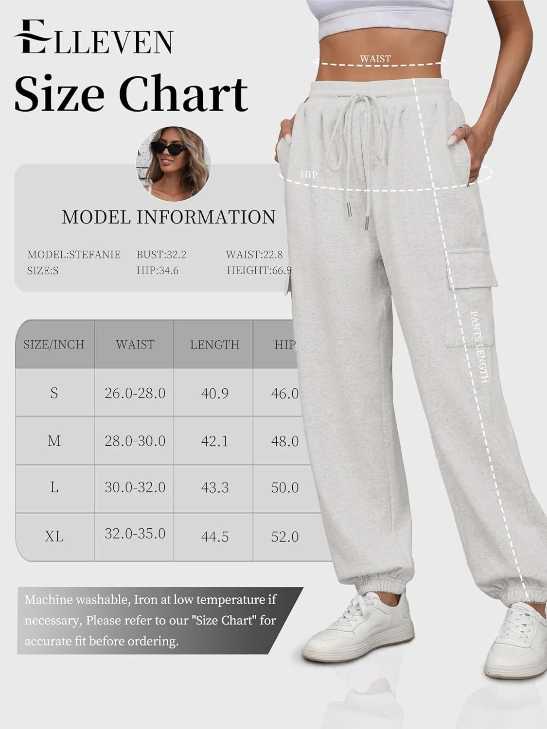 ELLEVEN High Waisted Sweatpants for Women - Baggy Cuffed Jogger with Cargo Pockets and Adjustable Drawstring