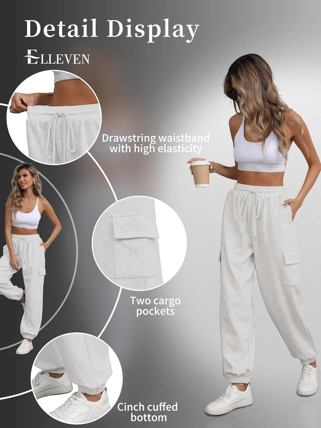 ELLEVEN High Waisted Sweatpants for Women - Baggy Cuffed Jogger with Cargo Pockets and Adjustable Drawstring