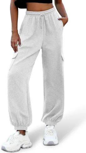 ELLEVEN High Waisted Sweatpants for Women - Baggy Cuffed Jogger with Cargo Pockets and Adjustable Drawstring