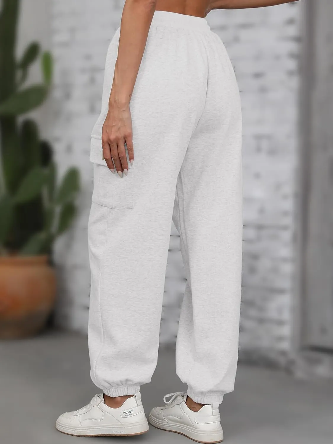 ELLEVEN High Waisted Sweatpants for Women - Baggy Cuffed Jogger with Cargo Pockets and Adjustable Drawstring