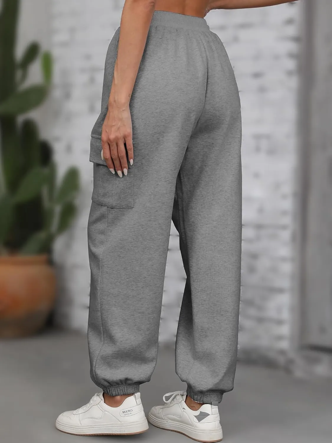 ELLEVEN High Waisted Sweatpants for Women - Baggy Cuffed Jogger with Cargo Pockets and Adjustable Drawstring