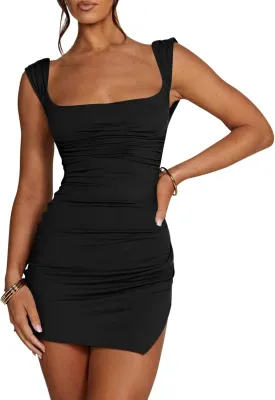 Fisoew Womens Backless Bodycon Dress Sexy Sleeveless Tie Back Slit Ruched Club Party Mini Dresses