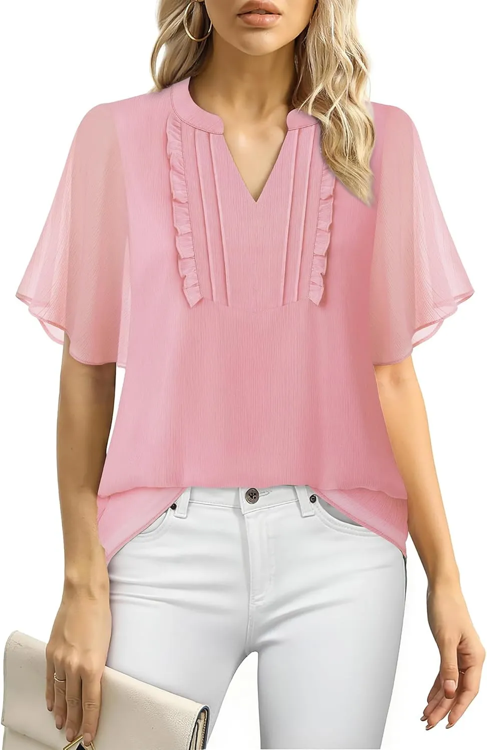 Furnex Womens Blouses Chiffon Ruffle Short Sleeve Tops Summer Pleated V Neck Casual Work Tops