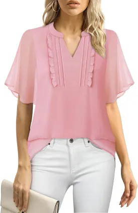 Furnex Womens Blouses Chiffon Ruffle Short Sleeve Tops Summer Pleated V Neck Casual Work Tops