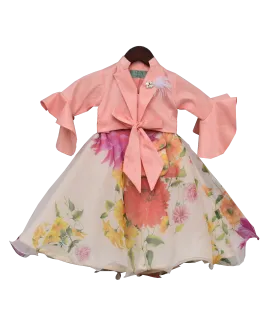 Girls Peach Knotted Top With Ivory Printed Lehenga