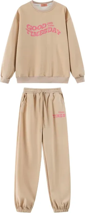 Good and Times Day Set Women Sweatshirt Jogger Pants Sweatsuit Trendy Graphic Print Soft Relaxed Fit Casual Outings