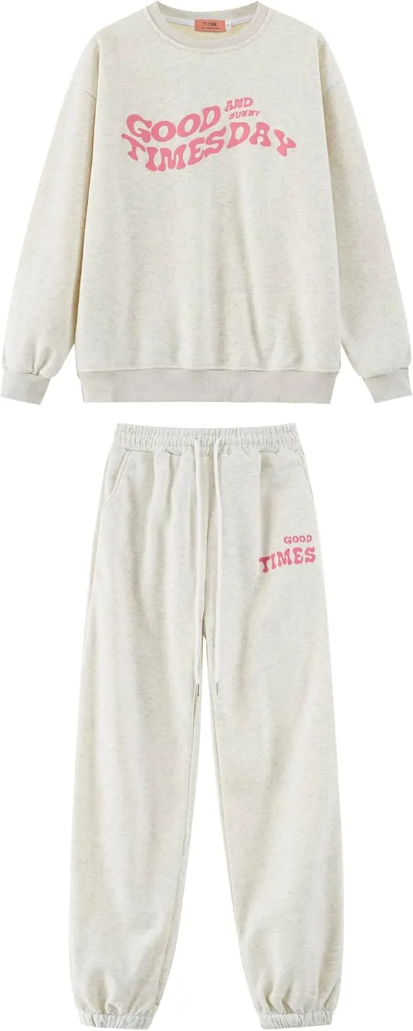 Good and Times Day Set Women Sweatshirt Jogger Pants Sweatsuit Trendy Graphic Print Soft Relaxed Fit Casual Outings