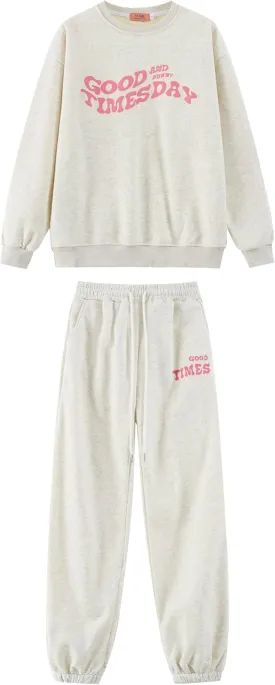 Good and Times Day Set Women Sweatshirt Jogger Pants Sweatsuit Trendy Graphic Print Soft Relaxed Fit Casual Outings