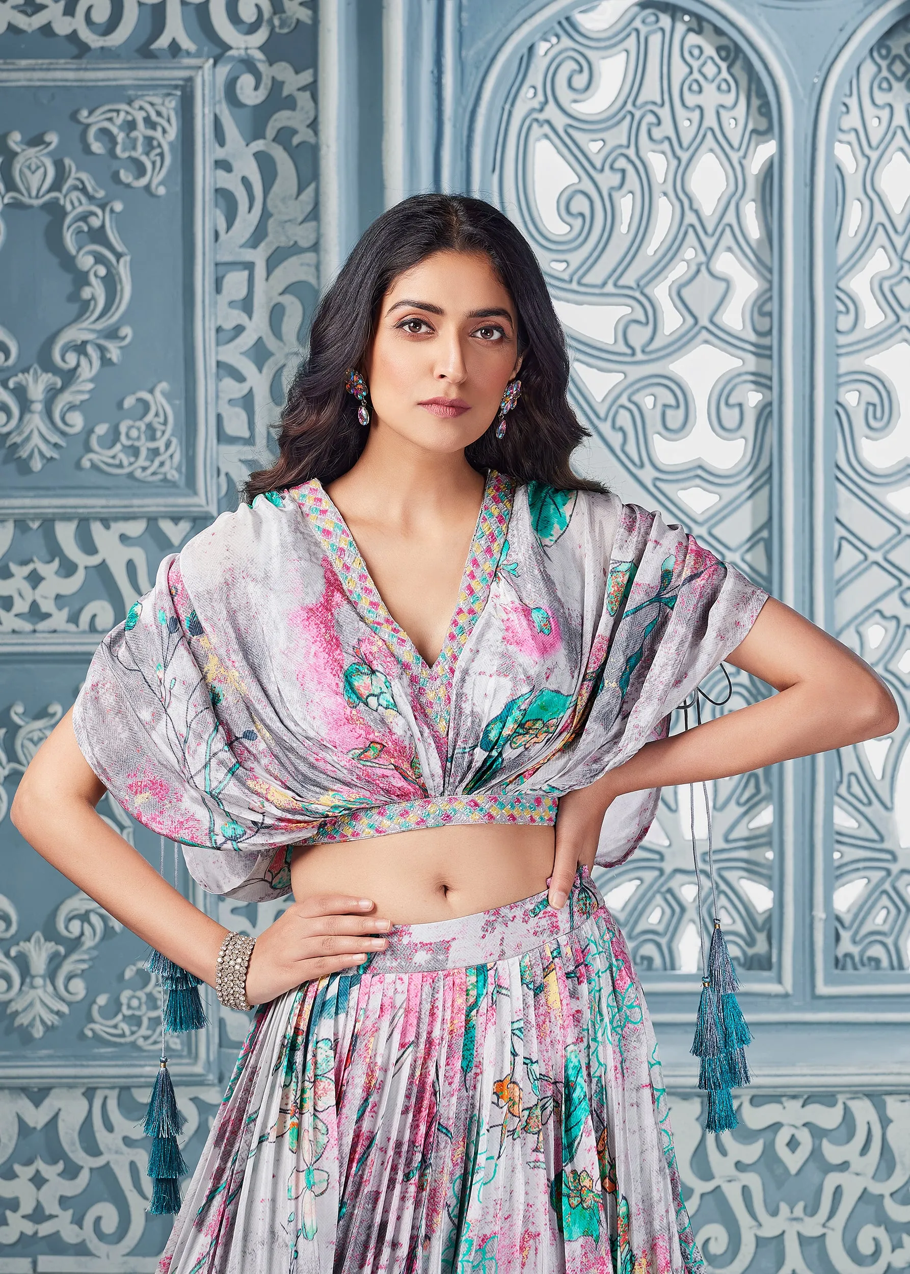 Grey Indowestern Lehenga Set with Hand Embroidery