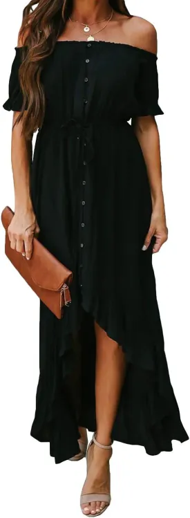 Happy Sailed Womens Off The Shoulder Maxi Dress Casual Short Sleeve Ruffle High Low Cocktail Party Wedding Guest Dresses
