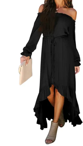 Happy Sailed Womens Off The Shoulder Maxi Dress Casual Short Sleeve Ruffle High Low Cocktail Party Wedding Guest Dresses