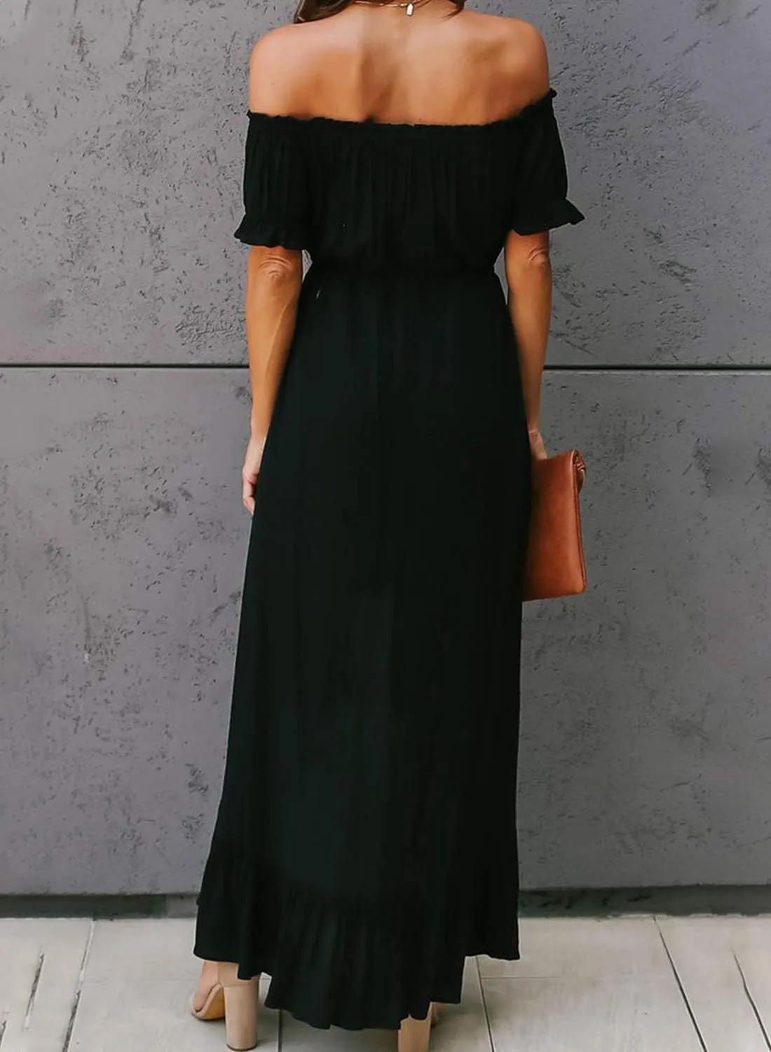 Happy Sailed Womens Off The Shoulder Maxi Dress Casual Short Sleeve Ruffle High Low Cocktail Party Wedding Guest Dresses