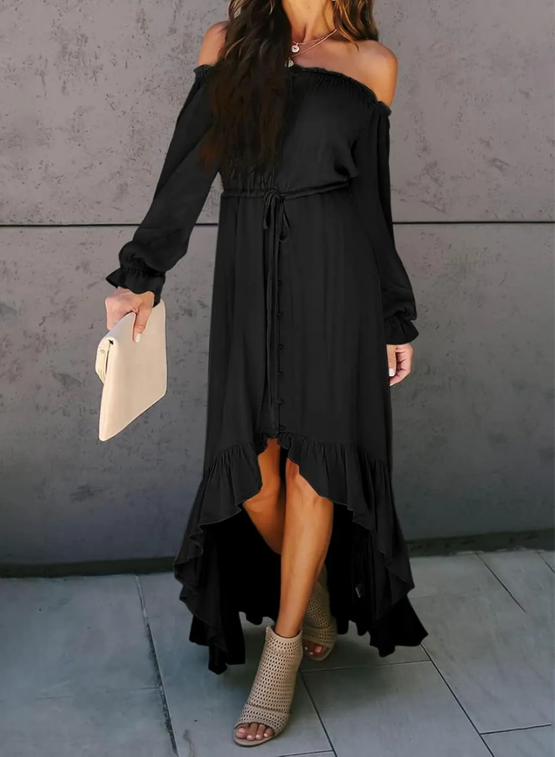 Happy Sailed Womens Off The Shoulder Maxi Dress Casual Short Sleeve Ruffle High Low Cocktail Party Wedding Guest Dresses